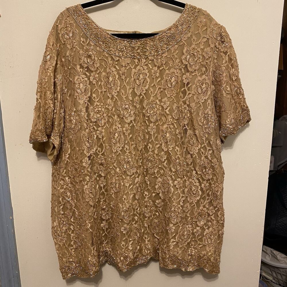 Vintage 80s Sequins Lace Cocktail Evening Top Women Plus 26W Light Gold Nylon - Picture 7 of 9